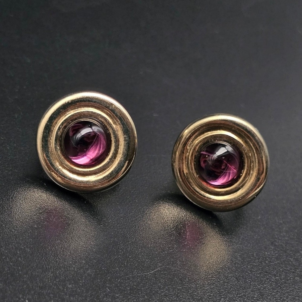 Avon 1984 Heather & Mist Earrings Clip On Round Gold Tone Faux Amethyst